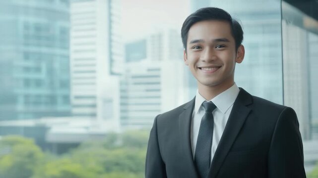 Smiling, formally dressed man stands near a window, with a cityscape background