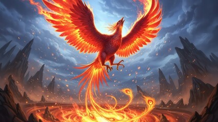 The incandescent phoenix soars above a landscape of fire and rocky spires rising to the heavens