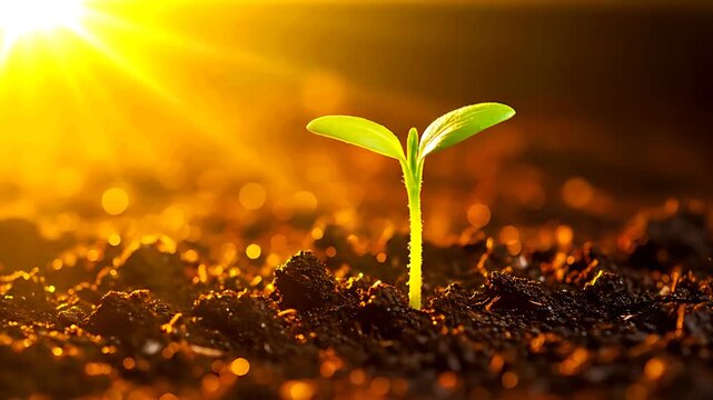 Tiny vibrant green seedling emerges from rich dark soil bathed in the warm intense glow of the rising sun symbolizing new life and growth potential