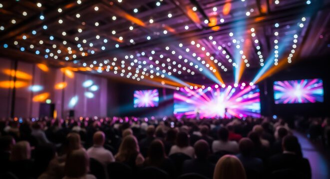 Blurred vibrant conference scene with audience seated in large auditorium, colorful stage lights and dynamic atmosphere during a live event or presentation