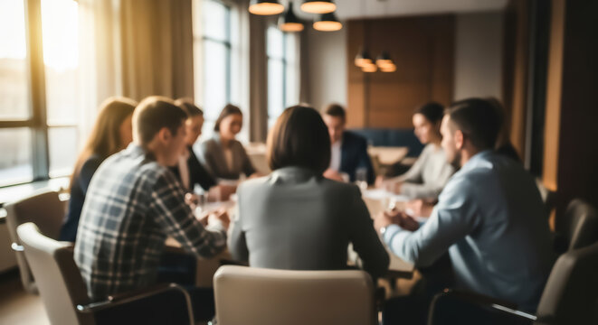 Blurred group of diverse professionals engaged in a collaborative meeting around a conference table in a modern office setting with warm lighting and focused discussion