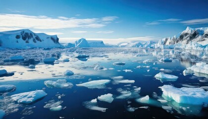 Antarctic Ice Landscape - A Stunning View of Icebergs and Water.