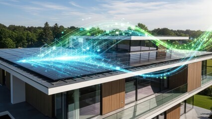 Modern house adorned with solar panels showcasing sustainable energy and digital connectivity