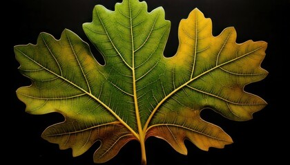 Autumnal Oak Leaf Transitioning Colors on Black Backdrop.
