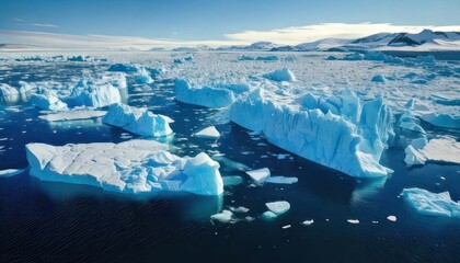 Arctic Icebergs Floating in the Ocean Under a Blue Sky.