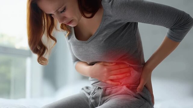Woman with abdominal pain holding stomach in discomfort