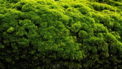 Close-up of Lush Green Moss Covering a Tree Trunk Surface.