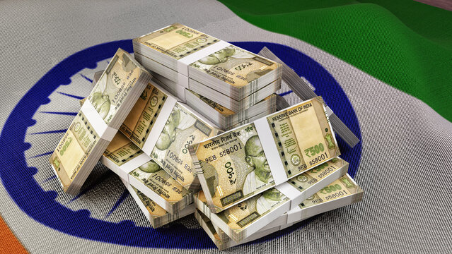 Pile of Stacked Indian 500 Rupee Banknotes on India Flag Background, 3D Illustration of Cash Bundles, Finance, Economy, Crisis, Inflation, and Business Concept