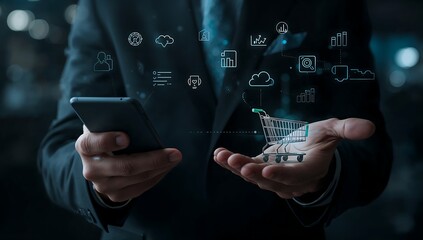 Businessman using smartphone for modern e-commerce shopping experience