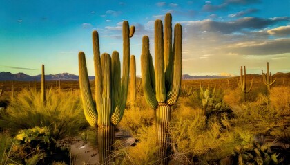 Arizona Desert Landscape with Saguaro Cacti at Sunset.