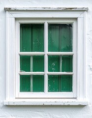 Obraz premium Close Up of a White Framed Window with Green Shutters on White Wall