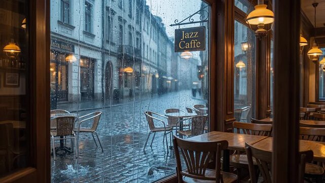 A cozy European street cafe during a rainy evening, with empty tables, warm lights, and a nostalgic atmosphere reflecting urban life and quiet moments.