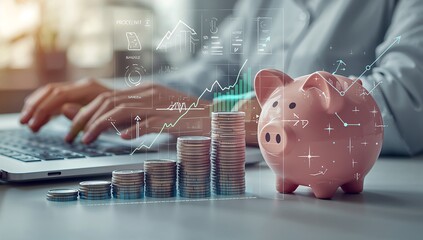 Businessman saving money with piggy bank and growing investments