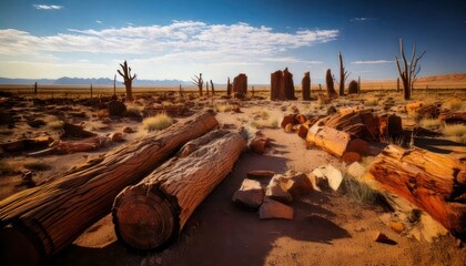 Ancient Petrified Wood Forest Under a Vast Desert Sky.