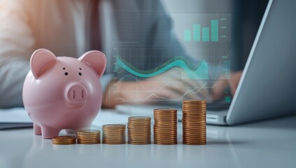 Businesswoman saving money with growing coin stacks and financial charts