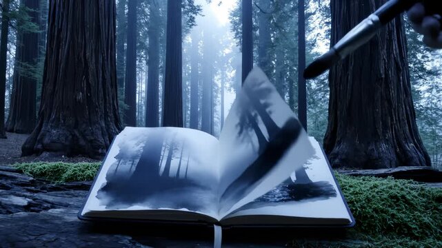 Artist Painting Redwood Forest Scene in Sketchbook With Watercolor