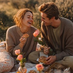 Romantic couple enjoying picnic outdoors with roses and sweets, warm golden light Valentine moment.