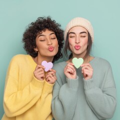 Two joyful women holding heart sweets on turquoise background Valentine fun portrait.