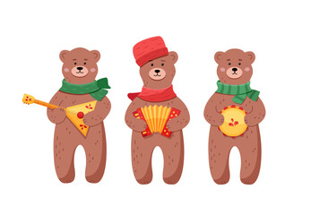 Funny bears with musical instruments. Concept Maslenitsa holiday, folk festivals. Vector illustration on a white background.