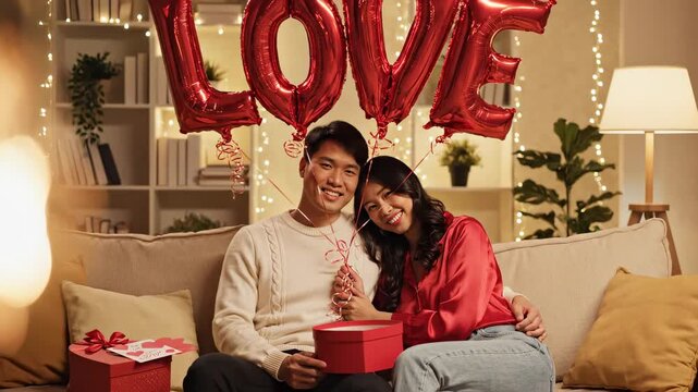 Happy couple celebrating Valentine&rsquo;s Day at home with love balloons and gift box