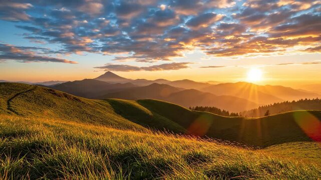 Beautiful sunrise over green mountain hills with dramatic clouds and warm golden light