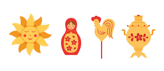 Set of ornament elements on the theme of Great Russian holiday Maslenitsa or Shrovetide. Vector doodle illustration of samovar, matryoshka, sun and cockerel
