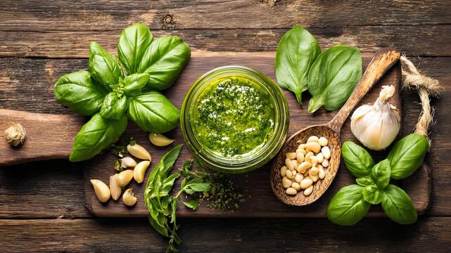 Fresh Basil Pesto Ingredients on Rustic Wooden Board