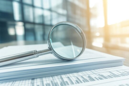 Insurance document claim stack with magnifying glasses on corporate office desk, professional organisation work showing neat tidy clarity