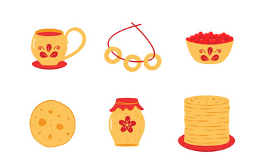 Traditional food for the Carnival holiday Maslenitsa or Shrovetide. Vector doodle illustration of pancakes, bagels, a cup of tea, red caviar and honey. White background
