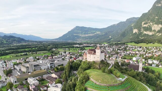 Flight over Burg Gutenberg Balzers Castle in Liechtenstein. Gutenberg Castle