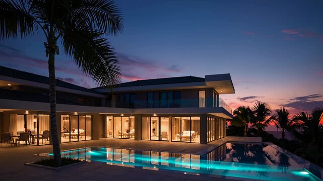 Modern house luxury villa with swimming pool and palm trees evening tropical setting, outdoor illuminated architecture