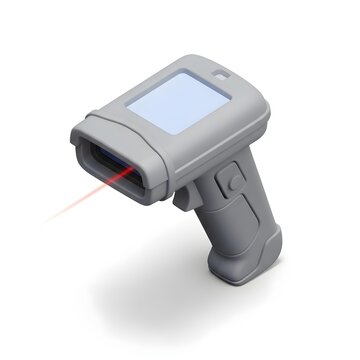 3D isometric handheld digital barcode scanner icon, stylized wireless QR code reader with red laser beam isolated on white background.