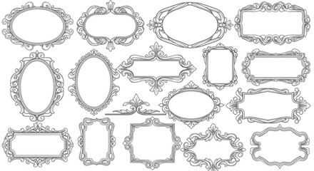 Obraz premium Collection of ornate vintage decorative frames and borders in a detailed black and white illustration style.
