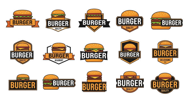 A collection of 15 different burger logo designs, each featuring a stylized burger illustration within a badge or banner.