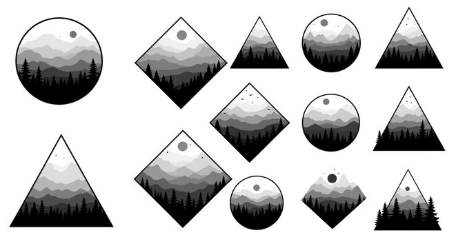 Collection of stylized geometric mountain range and forest silhouette designs with a moon or sun.