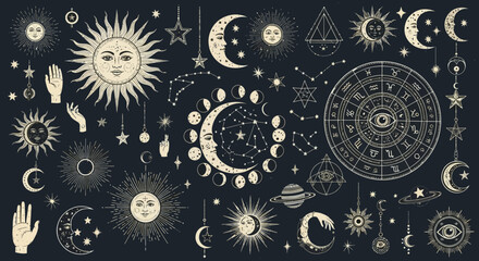A celestial collection of suns, moons, stars, constellations, and astrological symbols on a dark background. © Tegar