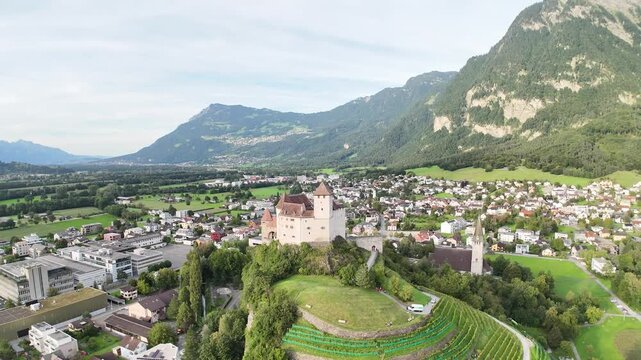 Flight over Burg Gutenberg Balzers Castle in Liechtenstein. Gutenberg Castle