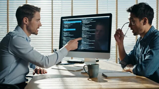 Two programmers point at code on monitor at desk with coffee nearby. Male developers discuss code on screen. Programmers review project at office. Developers point at code with notebook open.