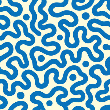 
    Playful blue squiggle line seamless pattern on cream, abstract wavy background
    Organic maze doodle repeat, bold blue squiggles and dots seamless wallpaper

