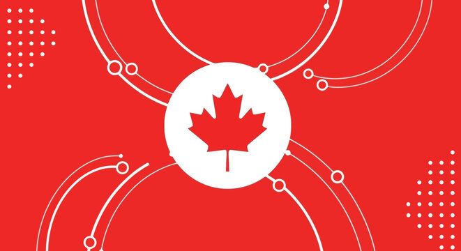 Abstract digital network design with a Canadian maple leaf symbol on a vibrant red background, representing connectivity and national identity.
