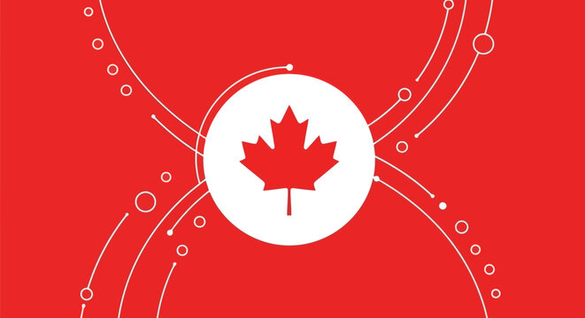 Abstract digital illustration featuring a prominent red maple leaf symbol on a vibrant red background with white circular and line graphics.