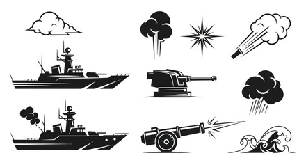 Monochrome vector set of naval ships, artillery, and combat effects like explosions, smoke, and waves. © Tegar