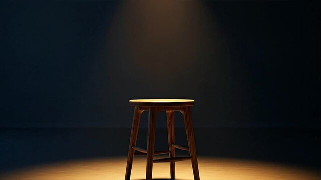 wooden stool in spotlight dark background solo chair.