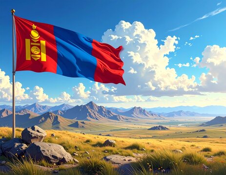 Mongolia flag with Soyombo in desert steppe