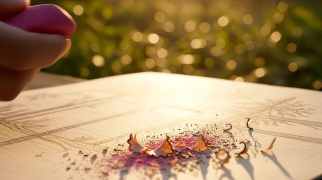 Hand Erasing Pencil Drawing With Pink Eraser Outdoors at Golden Hour