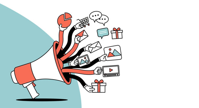A vibrant illustration depicting a megaphone with multiple arms holding diverse digital marketing and communication tools, symbolizing a comprehensive multi-channel strategy.