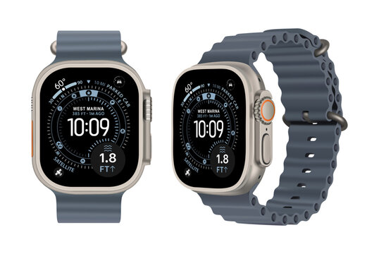 Apple Watch Series Ultra 3 in Natural color with Anchor Blue Ocean Band on transparent background, vector illustration. The Apple Watch is a line of smartwatches developed by Apple