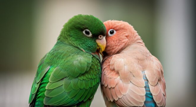 Two colorful parrots nuzzling each other affectionately