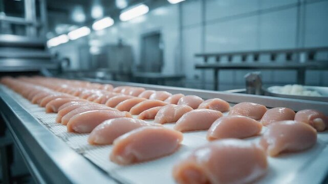 Raw chicken breasts moving along a modern food processing conveyor line, illustrating industrial poultry production, hygiene standards, and large scale food manufacturing.