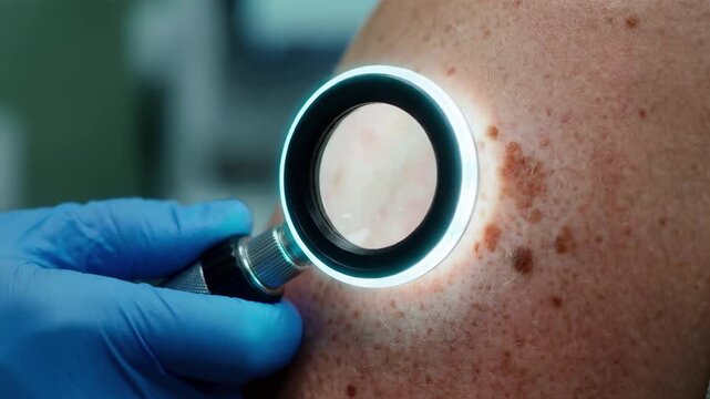 Dermatologist doctor examining a mole on patient skin with a dermatoscope close-up. Medical checkup for melanoma and skin cancer prevention. Healthcare and dermatology concept